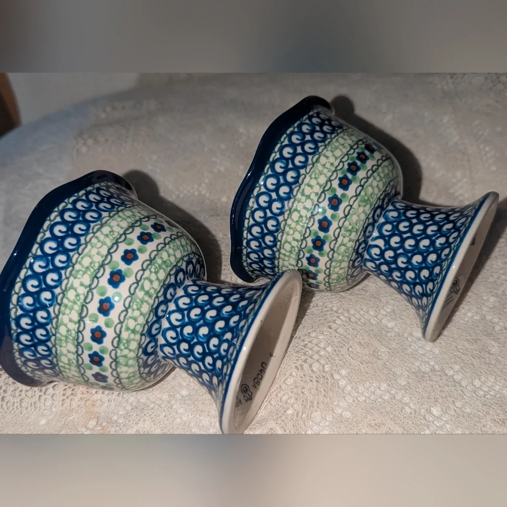 Artistic Ceramics Blue and Green Polish Footed dessert Bowls In Green Poppies .
